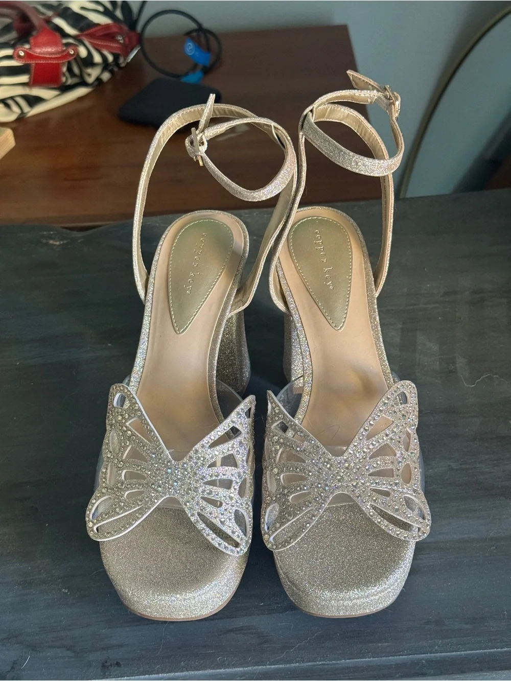 Marigold Rhinestonr Embellished Butterfly Glitter Platform Heel Sandals